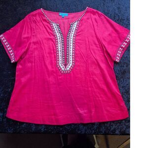 BritishIndia S/S Red 100% Cotton Top Boho Casual Ethnic Embroidered Summer Sz S